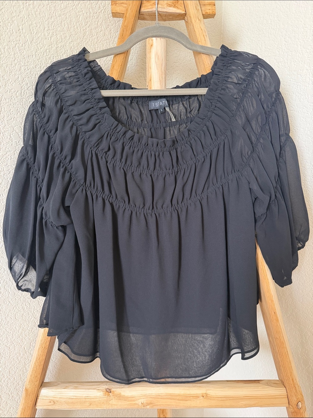 1. State Black Smocked Off-Shoulder Chiffon Blouse